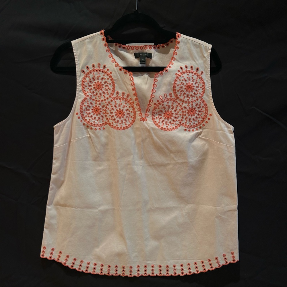 C - J. Crew White and Orange Embroidered Blouse